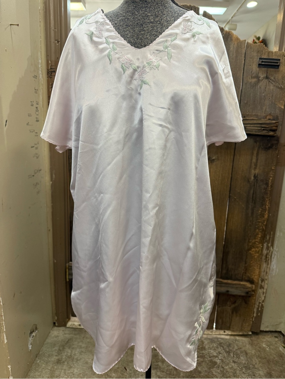 Embroidered V-Neck Satin Nightdress in Light Pink